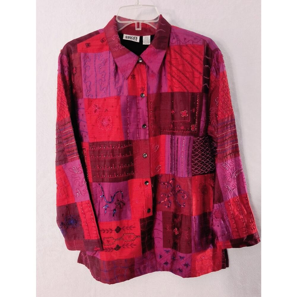 Chicos Design 100% Silk Beaded Patchwork Shirt Jacket Boho Art to Wear Shacket - Picture 11 of 16